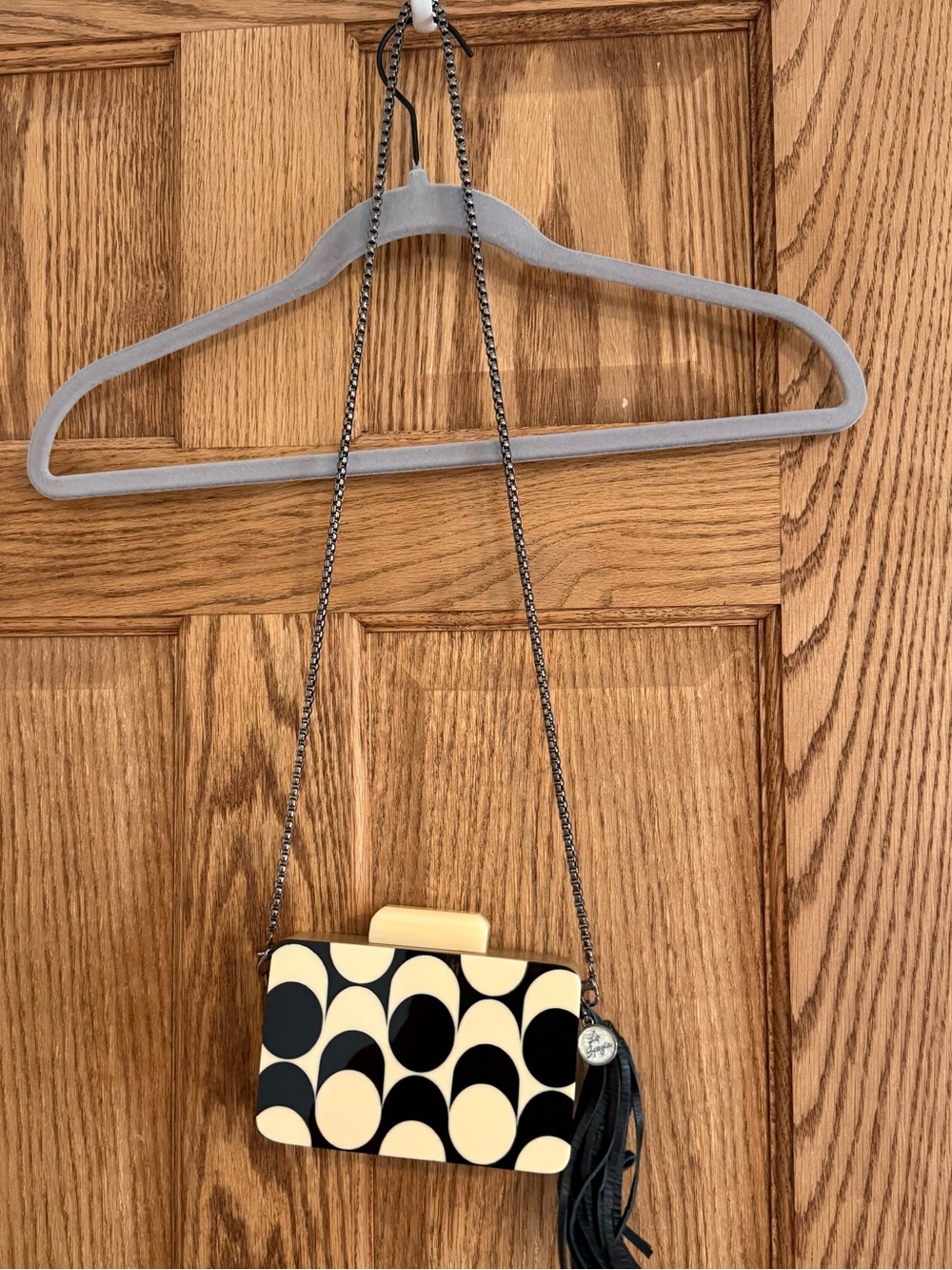 Black & Cream Geometric Crossbody Clutch with Tassel